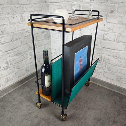 Servierwagen auf Rollen Barwagen Zeitschriftenhalter Flaschenhalter String Era Midcentury grün Schallplattenhalter Beistelltisch auf Rollen