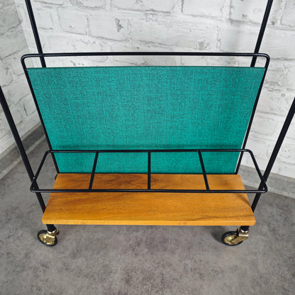 Servierwagen auf Rollen Barwagen Zeitschriftenhalter Flaschenhalter String Era Midcentury grün Schallplattenhalter Beistelltisch auf Rollen