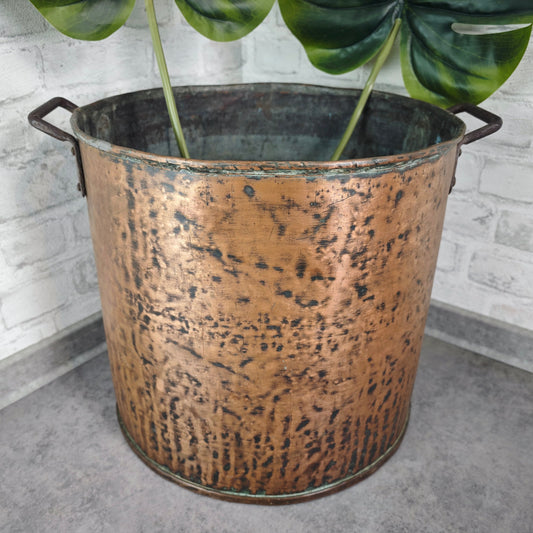 Grand seau à jardinière en cuivre avec anses 38 cm patiné antique aspect martelé jardinière bouilloire en cuivre