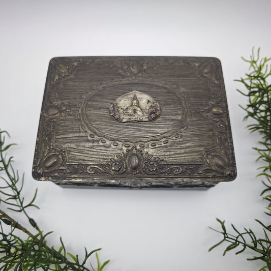 Vintage Metalldose Brasso Schatulle Souvenir Schmuckkasten mit Rosen Ornamente
