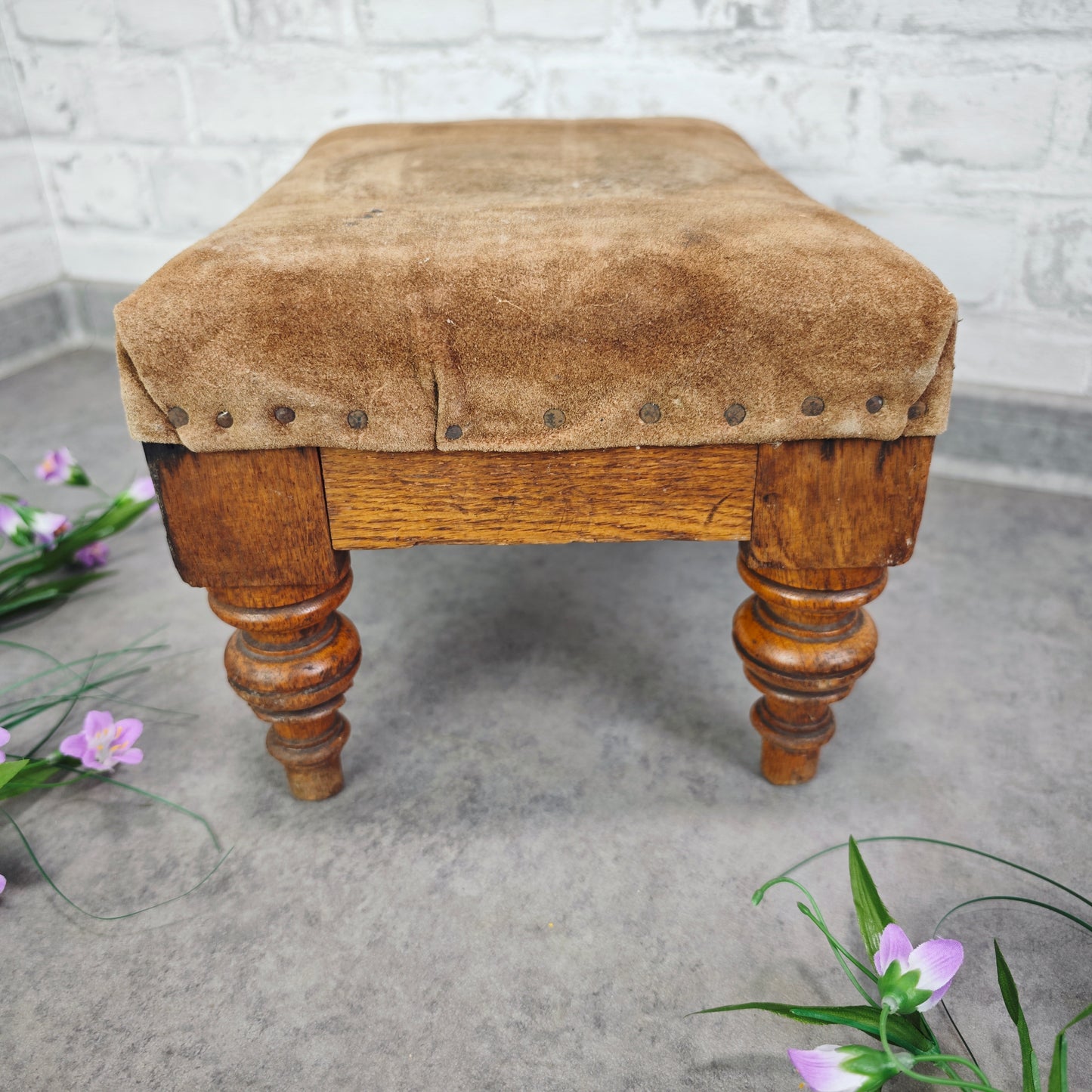 Hocker Vintage Holz Leder Schemel Fußbank Shabby Chic Landhaus braun Fußhocker