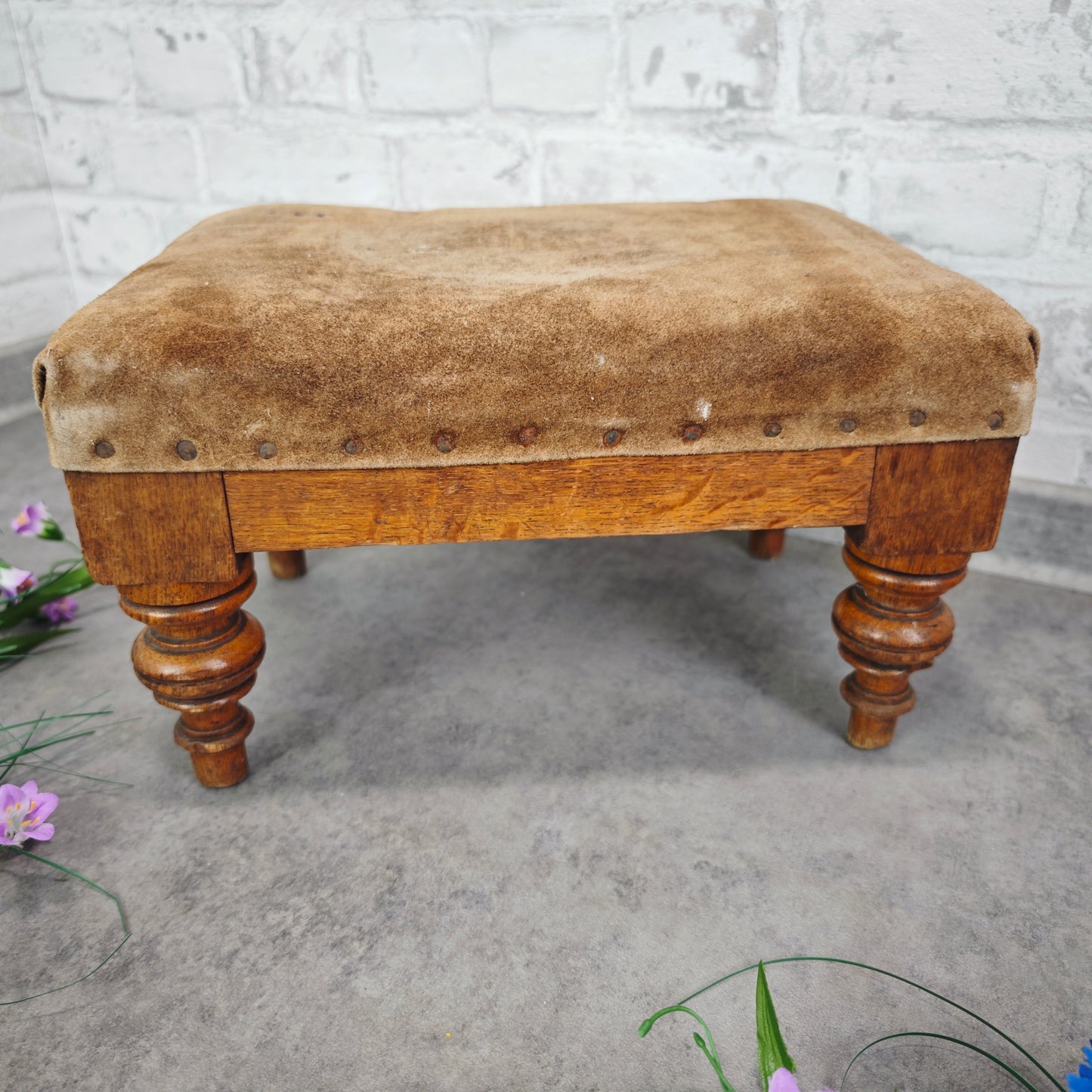 Hocker Vintage Holz Leder Schemel Fußbank Shabby Chic Landhaus braun Fußhocker