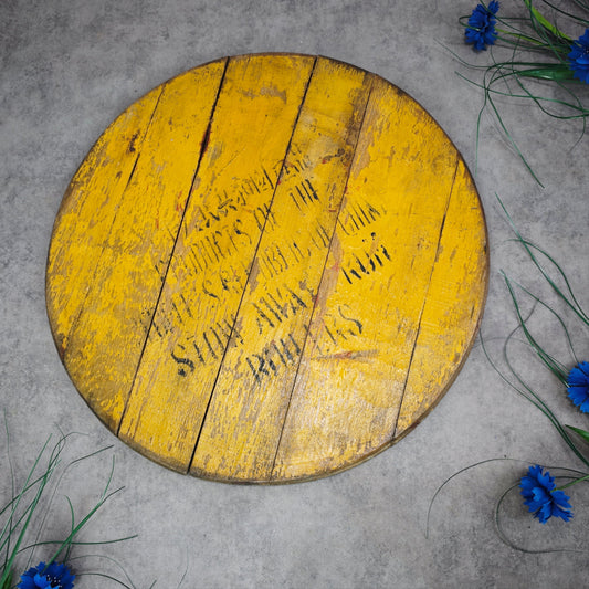 Fassdeckel Holz Vintage China Aufschrift gelb Tischplatte Deko Rum DIY Upcycling