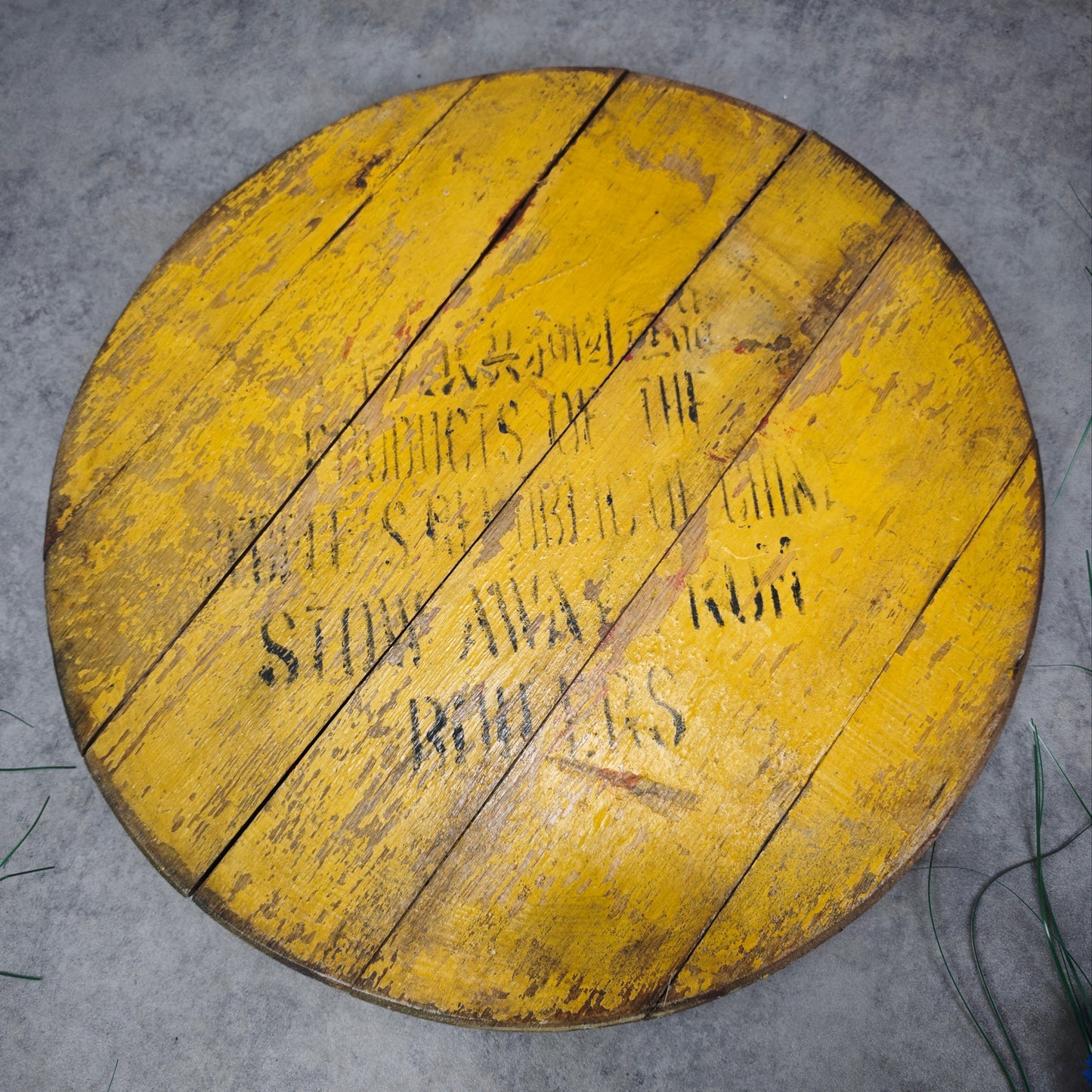 Fassdeckel Holz Vintage China Aufschrift gelb Tischplatte Deko Rum DIY Upcycling