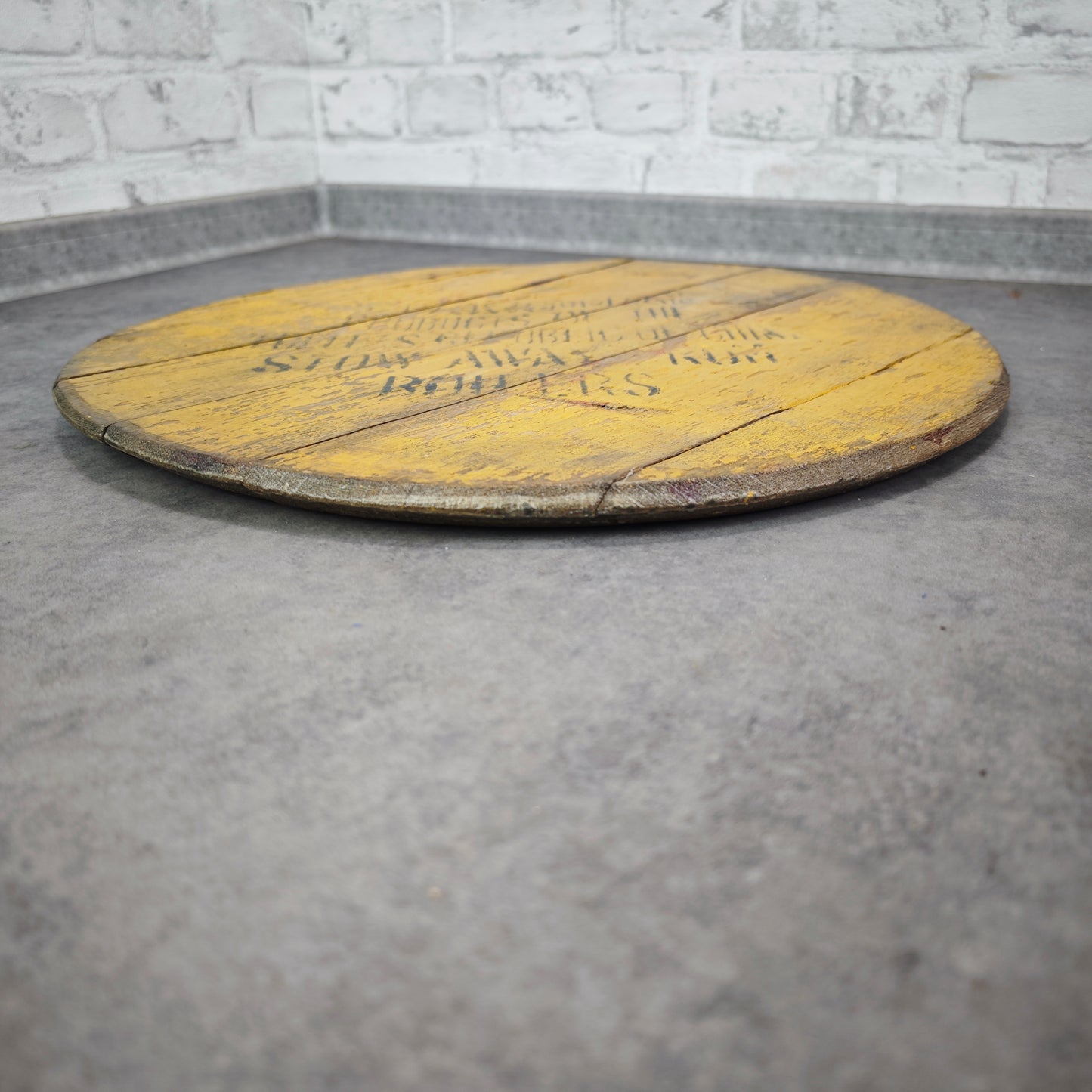 Fassdeckel Holz Vintage China Aufschrift gelb Tischplatte Deko Rum DIY Upcycling