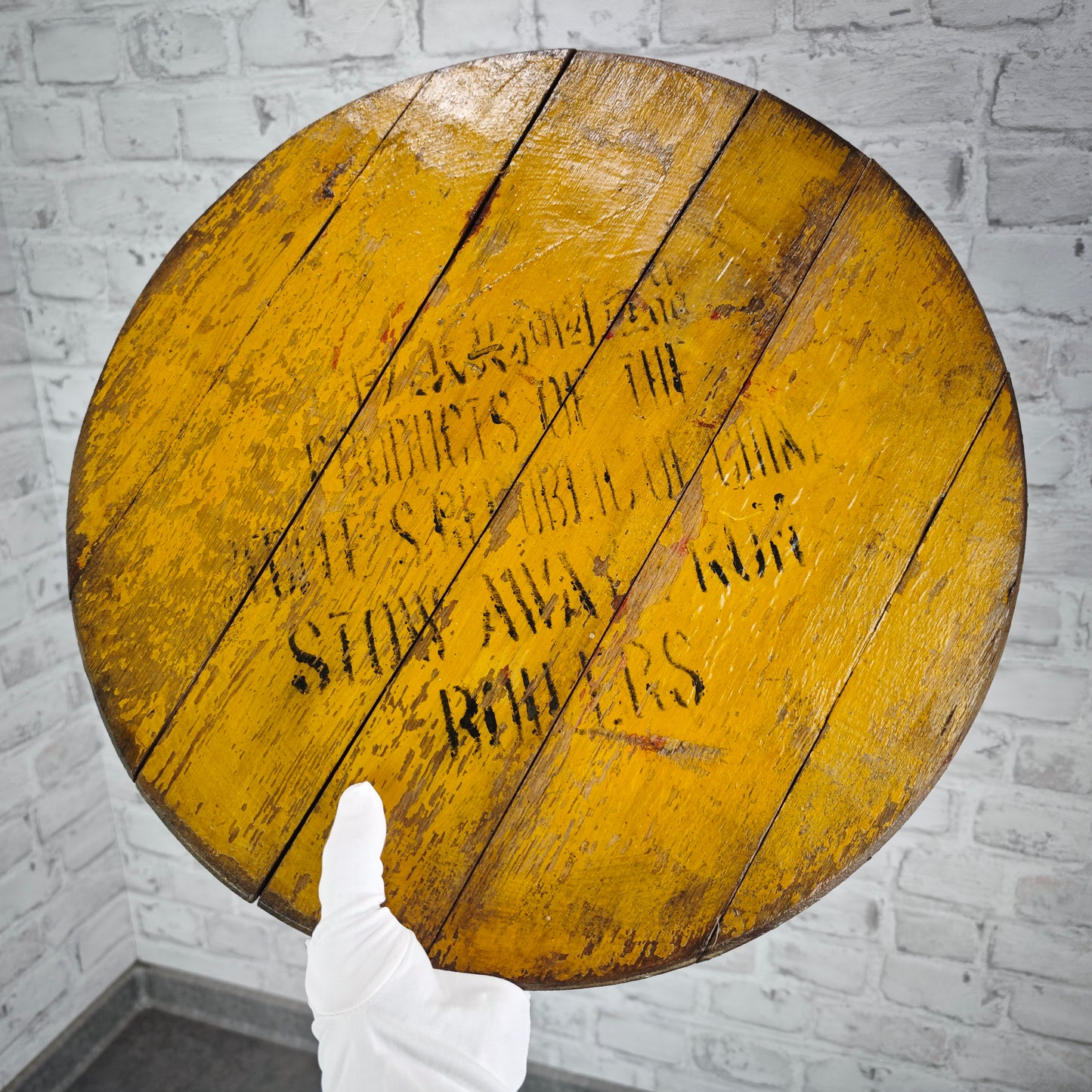 Fassdeckel Holz Vintage China Aufschrift gelb Tischplatte Deko Rum DIY Upcycling