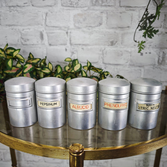 Apothekerdosen Aluminium Vintage Set 5 Stück 1960er silberfarbene Vorratsdosen
