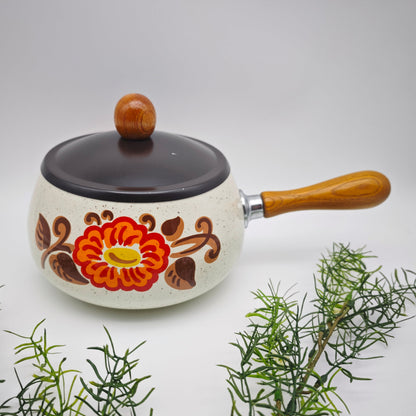 Fonduetopf Emaille Vintage 70er Stielkasserolle Blume Holzgriff Retro Küche