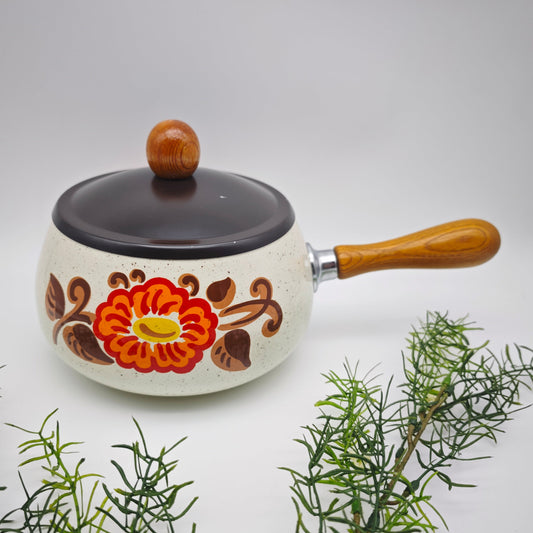 Fonduetopf Emaille Vintage 70er Stielkasserolle Blume Holzgriff Retro Küche