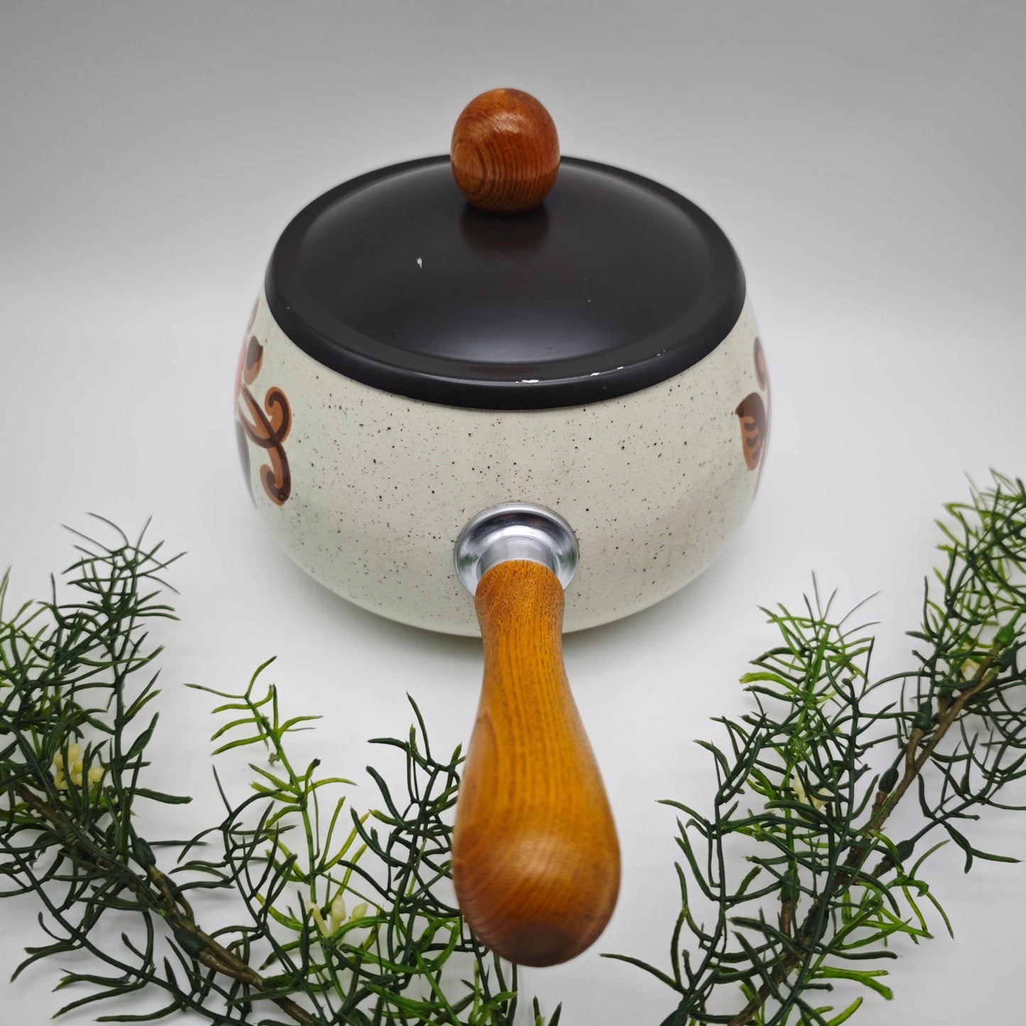 Fonduetopf Emaille Vintage 70er Stielkasserolle Blume Holzgriff Retro Küche