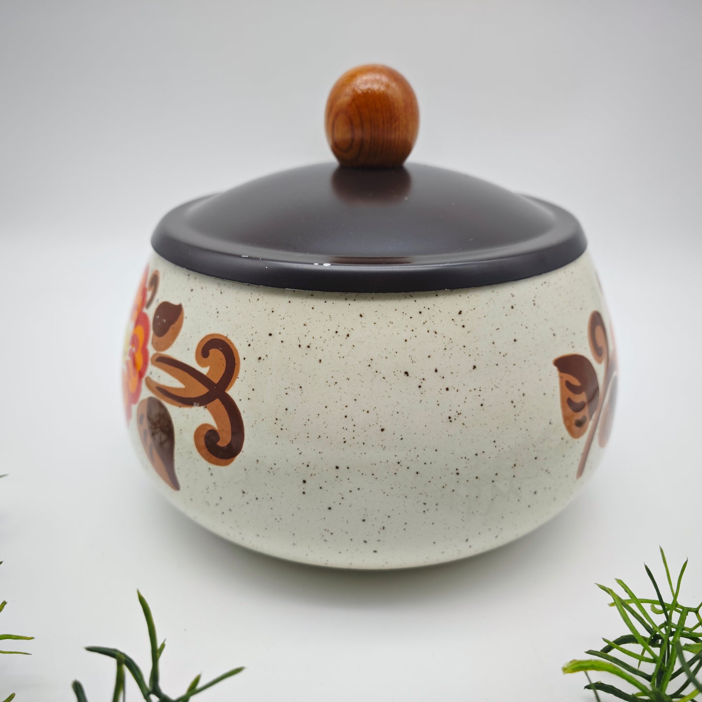 Fonduetopf Emaille Vintage 70er Stielkasserolle Blume Holzgriff Retro Küche