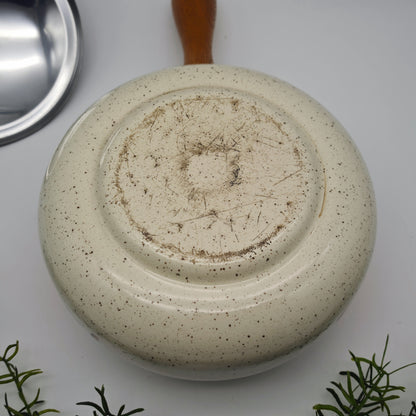 Fonduetopf Emaille Vintage 70er Stielkasserolle Blume Holzgriff Retro Küche