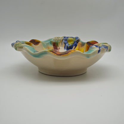 Aschenbecher mit Laufglasur und Blumenrelief vintage Schlickerguss