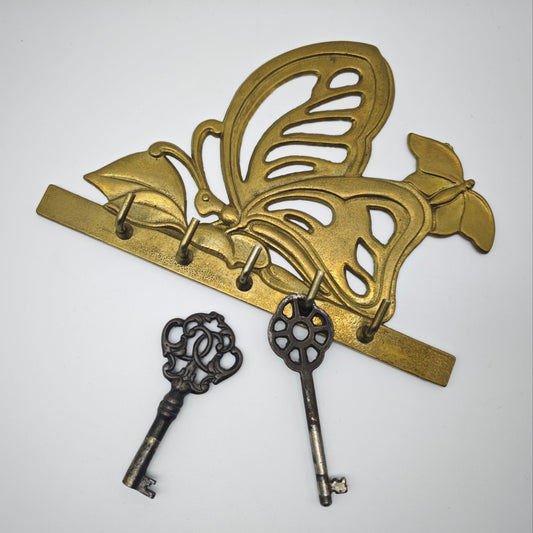 Jugendstil Schlüsselbrett Messing Schmetterling Goldfarben 5 Haken Wandhalter