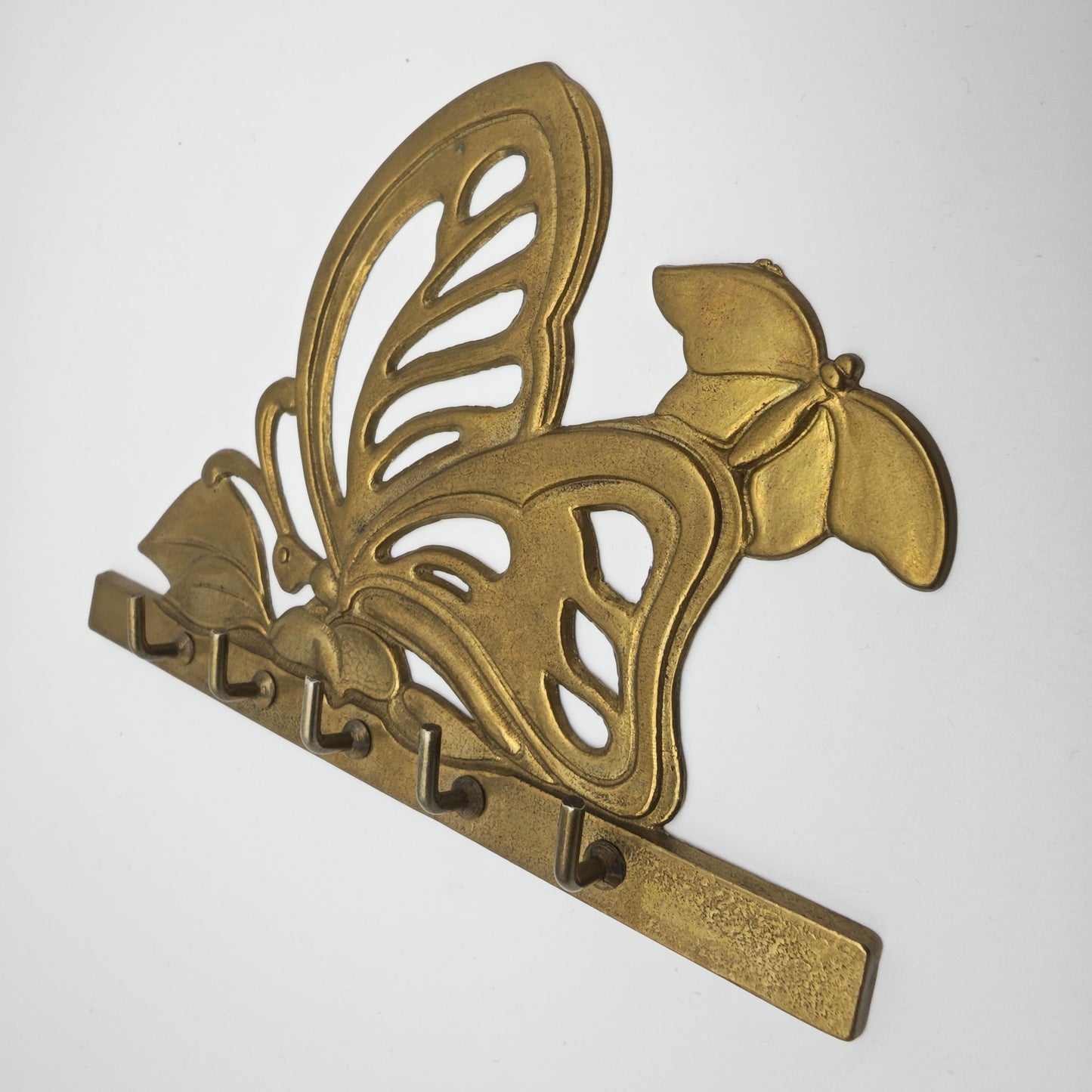 Jugendstil Schlüsselbrett Messing Schmetterling Goldfarben 5 Haken Wandhalter
