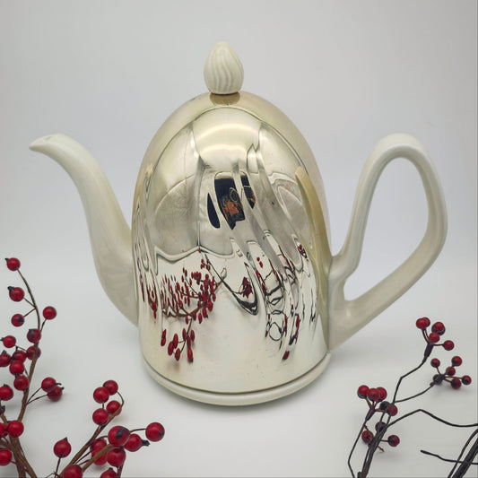 BMF Teekanne 1950er Keramik mit Isolierhaube Neusilber creme Mid Century Thermohaube