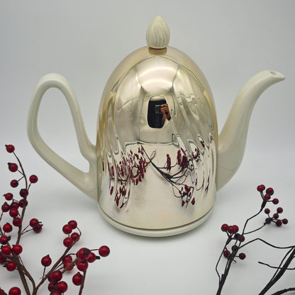 BMF Teekanne 1950er Keramik mit Isolierhaube Neusilber creme Mid Century Thermohaube