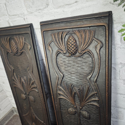 2 Jugendstil Ofenplatten Gusseisen Eichel Relief Wanddeko antik 65×23 cm für Restauration oder Dekoration