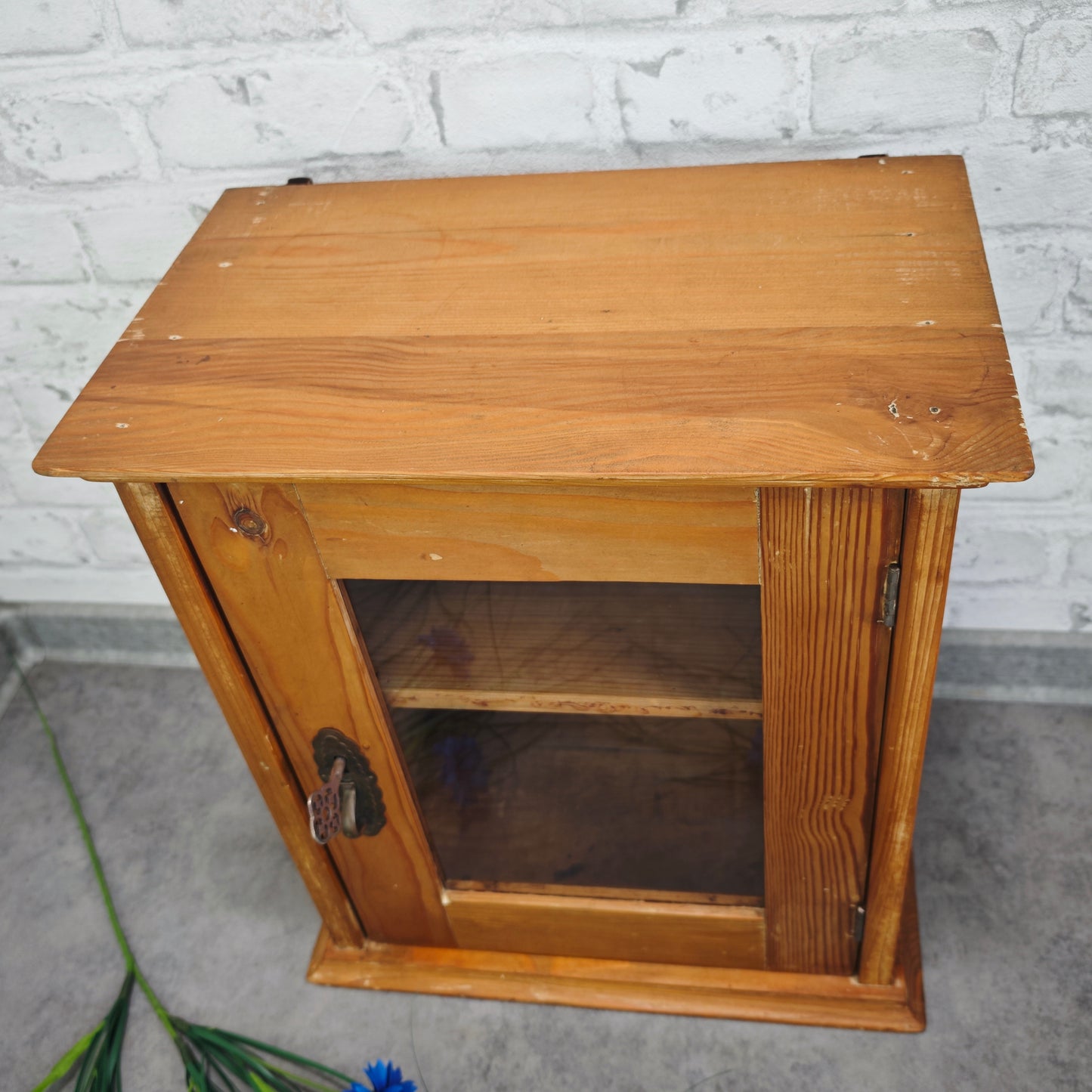 Vintage Holz Hängeschränkchen mit Glastür Wandschrank 38×23×43 cm abschließbar mit Schlüssel Medizinschrank