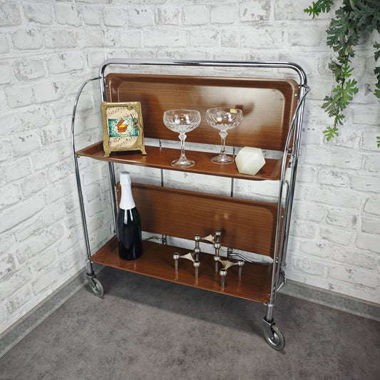 Dinett Servierwagen klappbar Bremshey Barwagen braun Chrom Rollen Midcentury Vintage Rollwagen Beistelltisch Teewagen