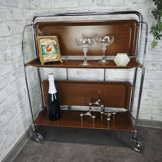 Dinett Servierwagen klappbar Bremshey Barwagen braun Chrom Rollen Midcentury Vintage Rollwagen Beistelltisch Teewagen