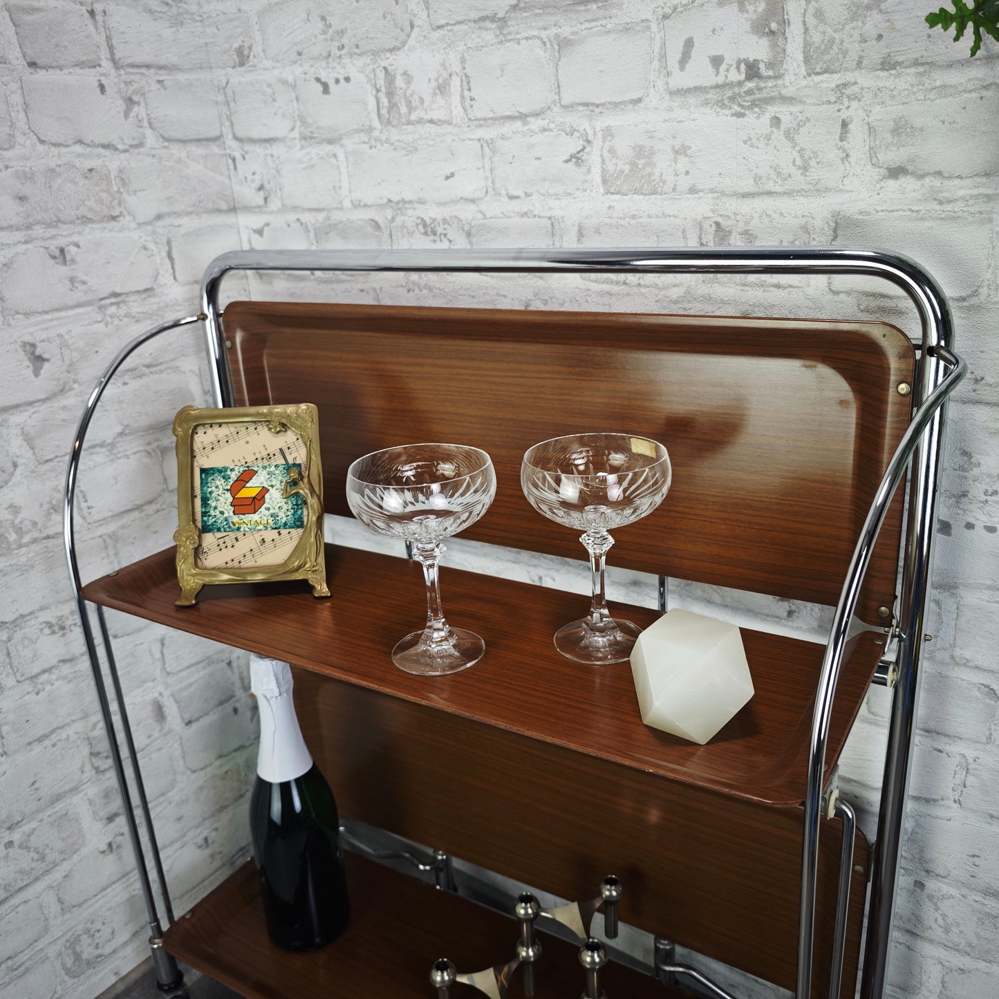 Dinett Servierwagen klappbar Bremshey Barwagen braun Chrom Rollen Midcentury Vintage Rollwagen Beistelltisch Teewagen