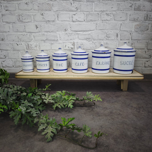 Antike Emaille Vorratsdosen Set 6 Stück blau weiß französisch Vorratsbehälter Vintage Landhaus Küche Cottagecore Dosen