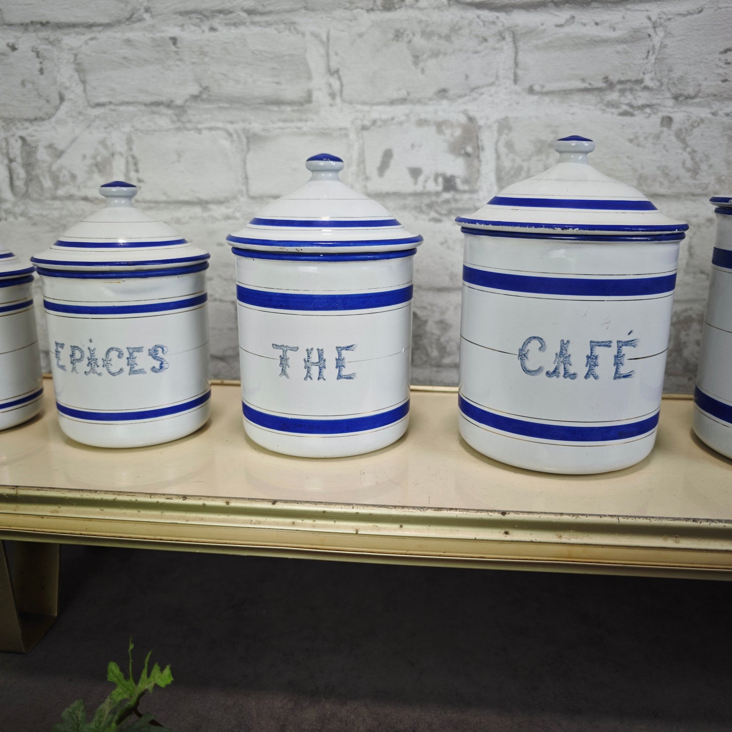 Antike Emaille Vorratsdosen Set 6 Stück blau weiß französisch Vorratsbehälter Vintage Landhaus Küche Cottagecore Dosen