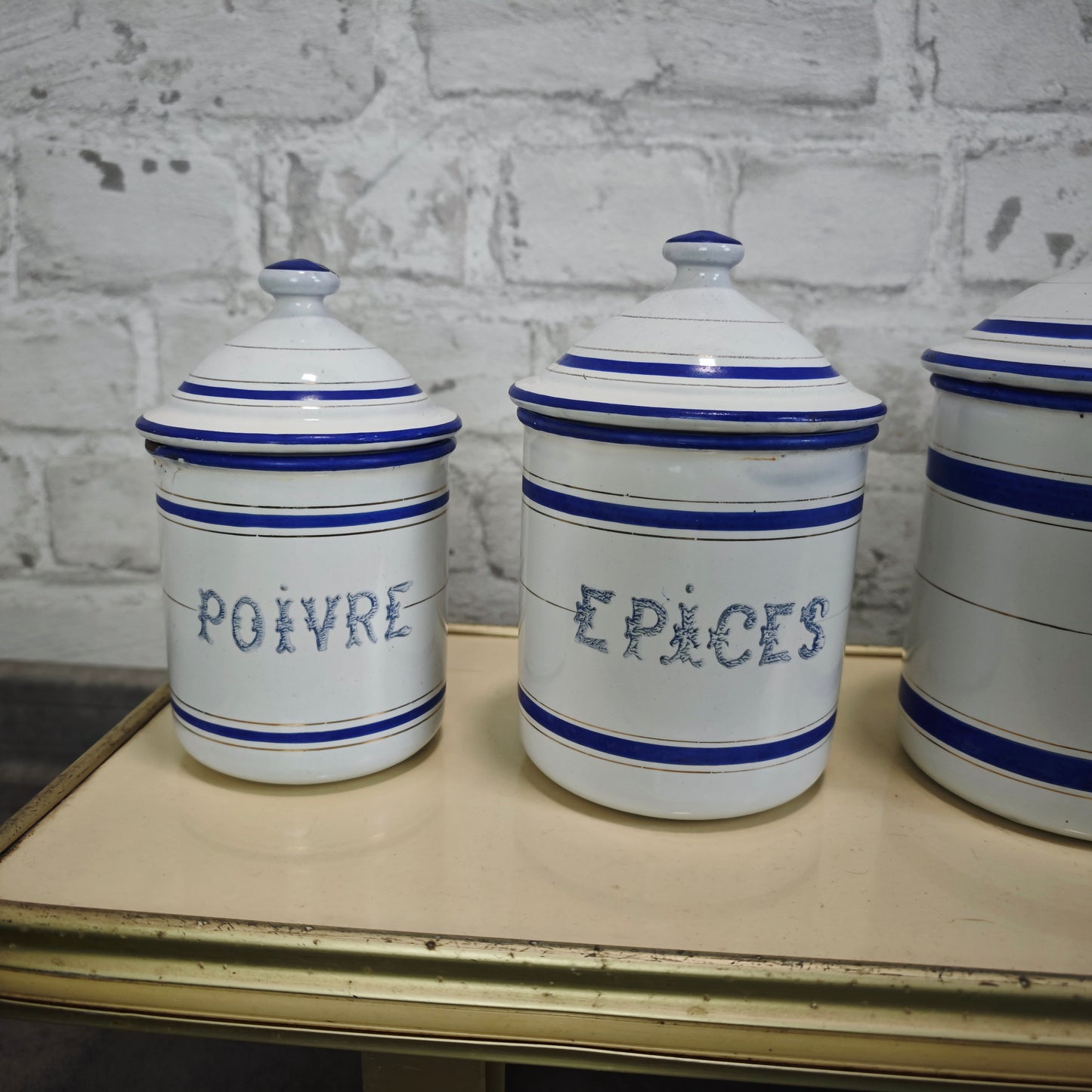 Antike Emaille Vorratsdosen Set 6 Stück blau weiß französisch Vorratsbehälter Vintage Landhaus Küche Cottagecore Dosen
