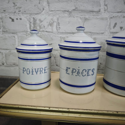 Antike Emaille Vorratsdosen Set 6 Stück blau weiß französisch Vorratsbehälter Vintage Landhaus Küche Cottagecore Dosen