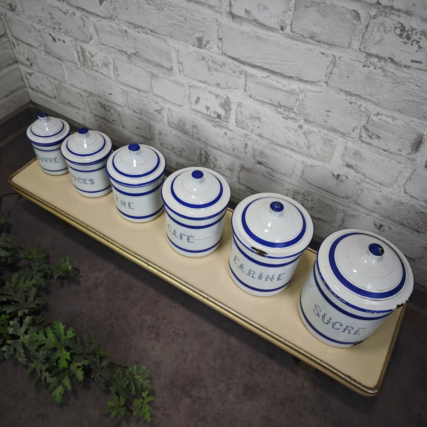 Antike Emaille Vorratsdosen Set 6 Stück blau weiß französisch Vorratsbehälter Vintage Landhaus Küche Cottagecore Dosen