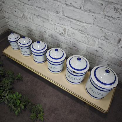 Antike Emaille Vorratsdosen Set 6 Stück blau weiß französisch Vorratsbehälter Vintage Landhaus Küche Cottagecore Dosen