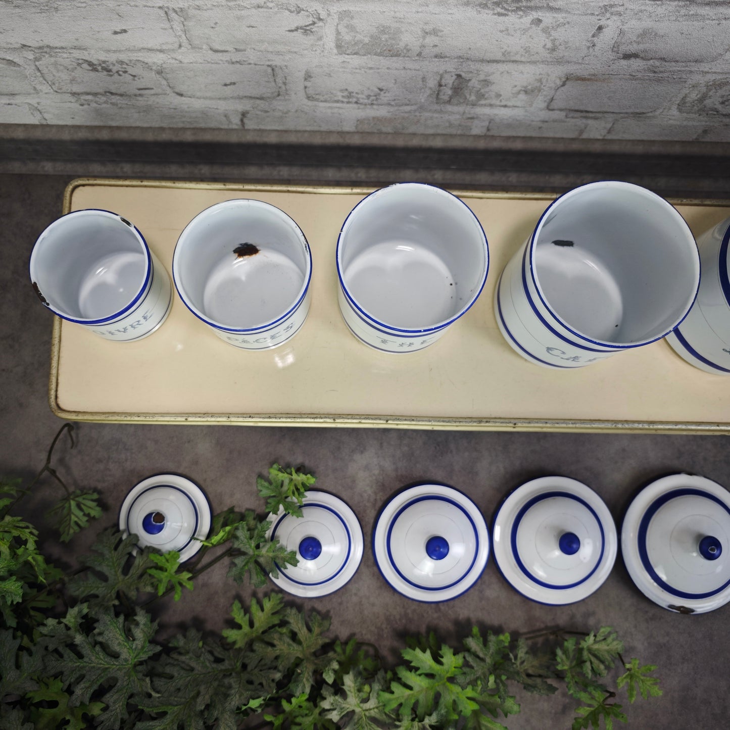 Antike Emaille Vorratsdosen Set 6 Stück blau weiß französisch Vorratsbehälter Vintage Landhaus Küche Cottagecore Dosen