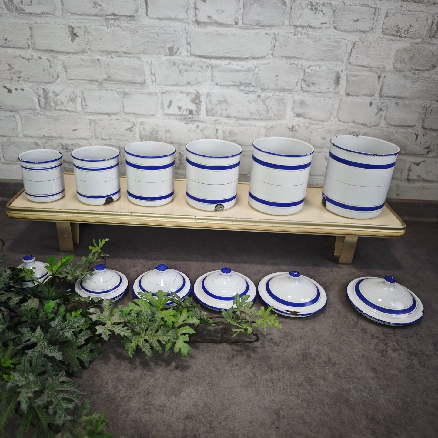 Antike Emaille Vorratsdosen Set 6 Stück blau weiß französisch Vorratsbehälter Vintage Landhaus Küche Cottagecore Dosen