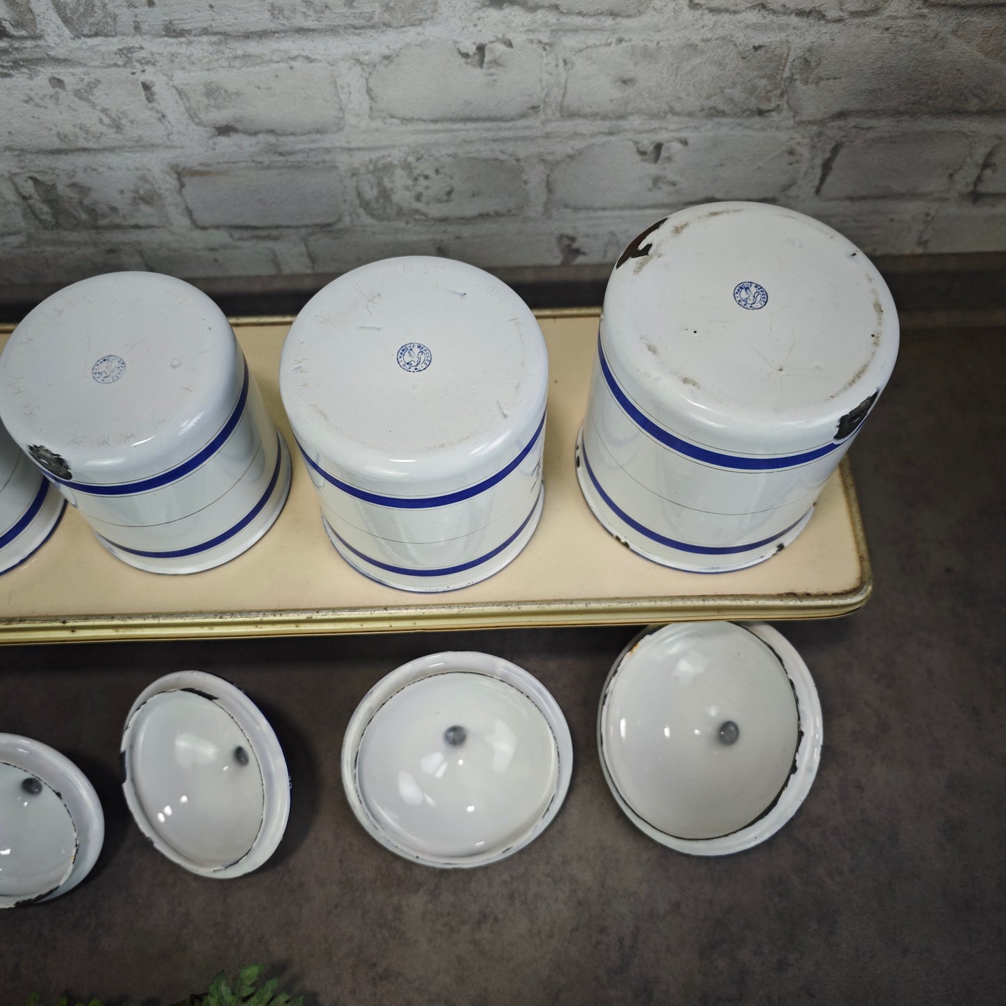 Antike Emaille Vorratsdosen Set 6 Stück blau weiß französisch Vorratsbehälter Vintage Landhaus Küche Cottagecore Dosen