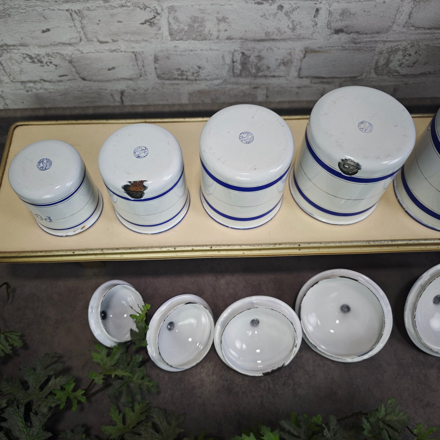 Antike Emaille Vorratsdosen Set 6 Stück blau weiß französisch Vorratsbehälter Vintage Landhaus Küche Cottagecore Dosen
