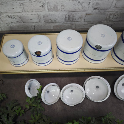 Antike Emaille Vorratsdosen Set 6 Stück blau weiß französisch Vorratsbehälter Vintage Landhaus Küche Cottagecore Dosen