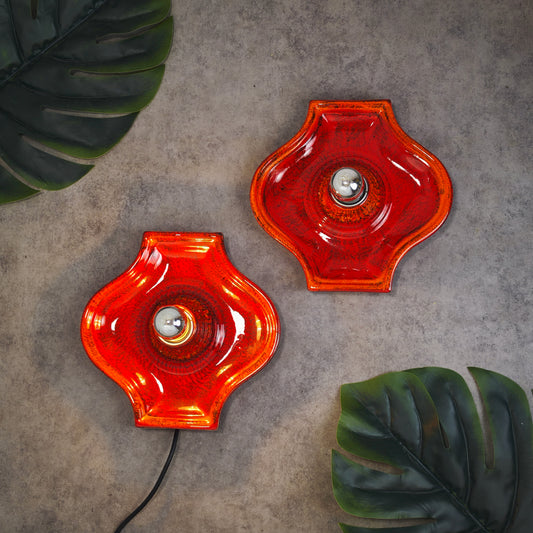 2 Keramik Wandlampen rot gesprenkelt Fat Lava Style Space Age Retro 70er Vintage Leuchten
