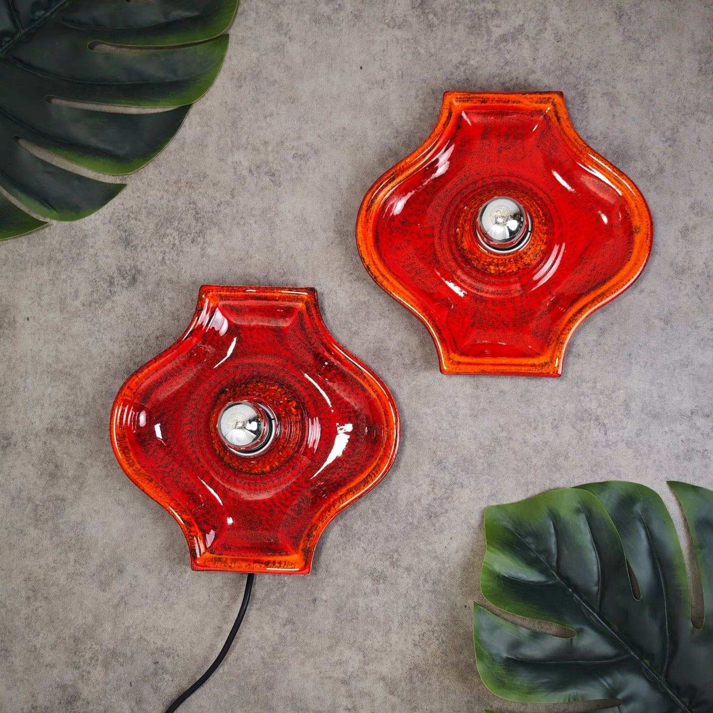 2 Keramik Wandlampen rot gesprenkelt Fat Lava Style Space Age Retro 70er Vintage Leuchten
