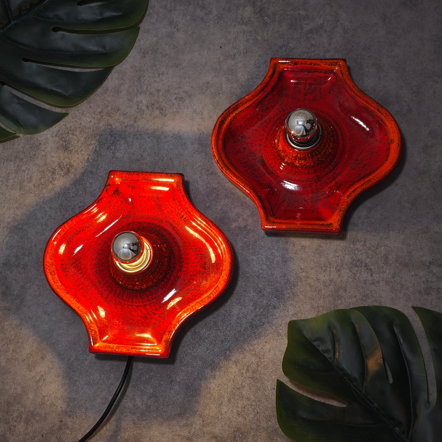 2 Keramik Wandlampen rot gesprenkelt Fat Lava Style Space Age Retro 70er Vintage Leuchten