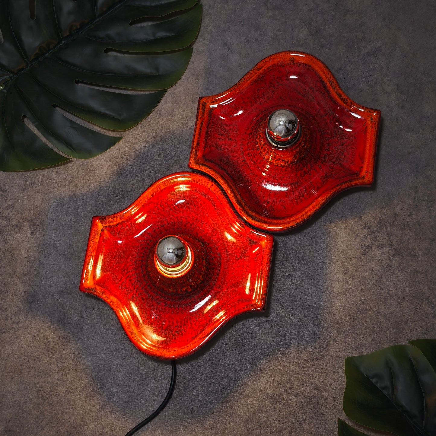 2 Keramik Wandlampen rot gesprenkelt Fat Lava Style Space Age Retro 70er Vintage Leuchten