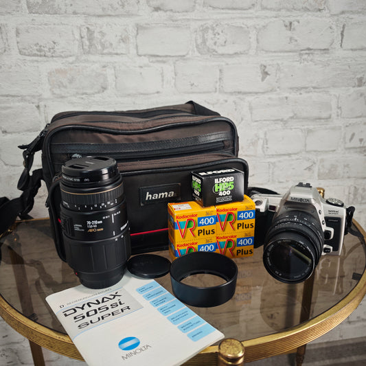 Minolta Dynax 505si Super mit Sigma 28–70mm & 70–210mm APO + 4 Filme Analogkamera Set SLR