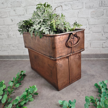 Vintage Kupfer Jardiniere eckig mit Griffen rechteckiges Pflanzgefäß Kräuterkübel 38 cm