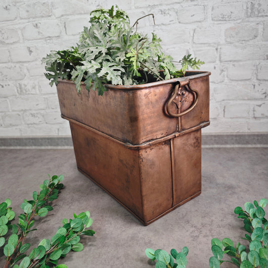 Vintage Kupfer Jardiniere eckig mit Griffen rechteckiges Pflanzgefäß Kräuterkübel 38 cm