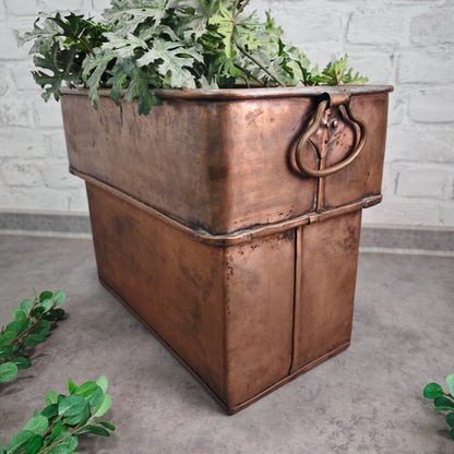 Vintage Kupfer Jardiniere eckig mit Griffen rechteckiges Pflanzgefäß Kräuterkübel 38 cm