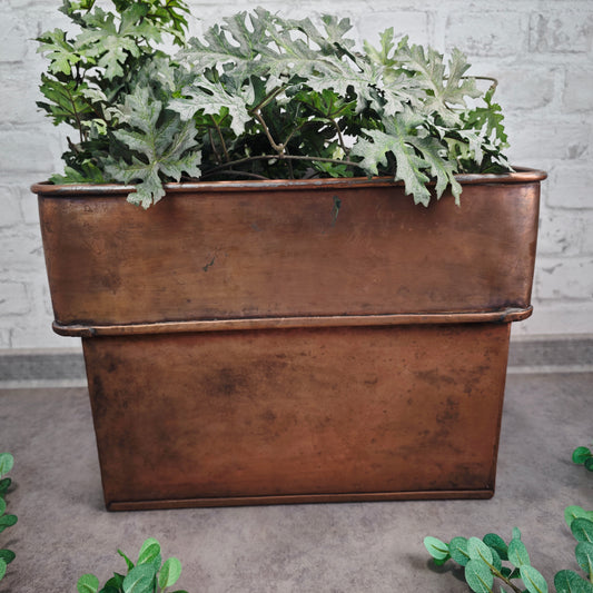 Vintage Kupfer Jardiniere eckig mit Griffen rechteckiges Pflanzgefäß Kräuterkübel 38 cm