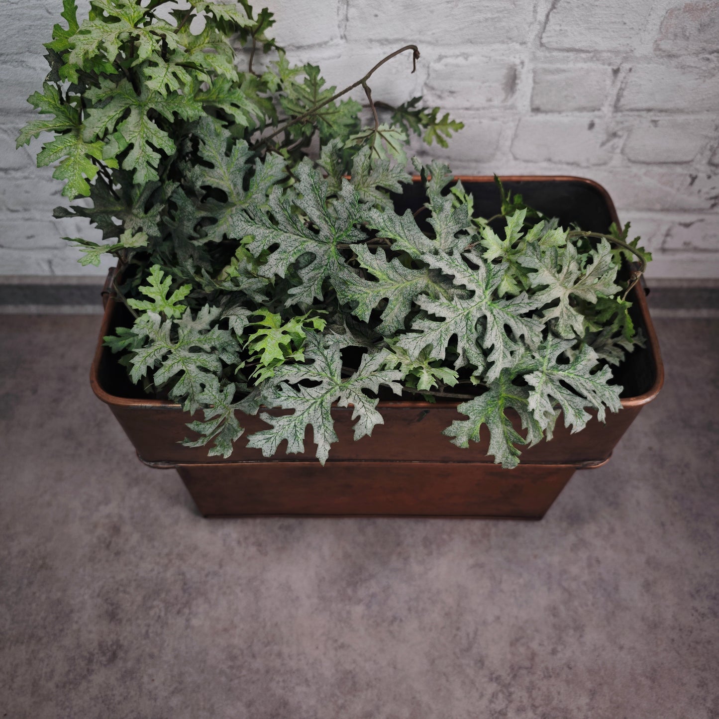Vintage Kupfer Jardiniere eckig mit Griffen rechteckiges Pflanzgefäß Kräuterkübel 38 cm