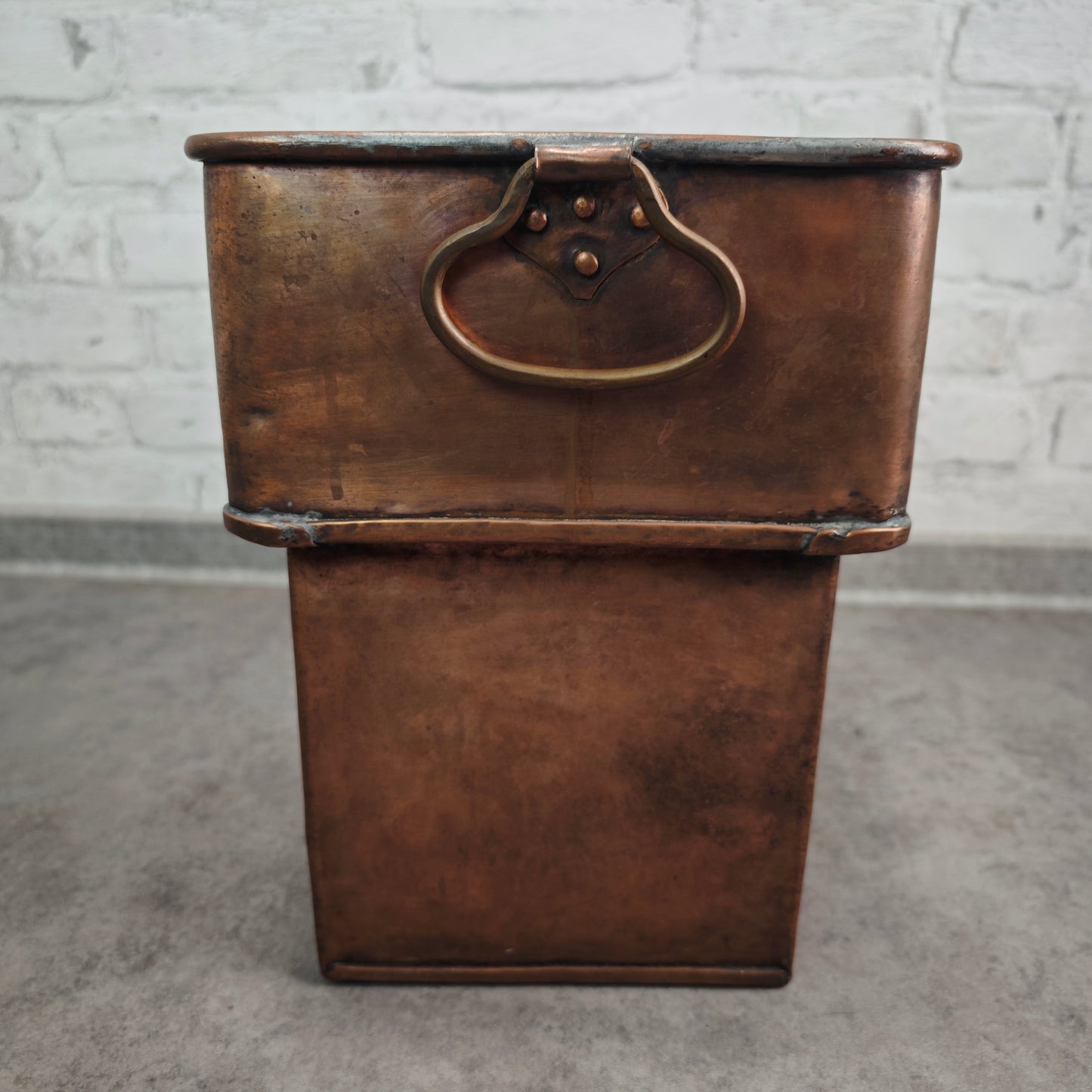 Vintage Kupfer Jardiniere eckig mit Griffen rechteckiges Pflanzgefäß Kräuterkübel 38 cm