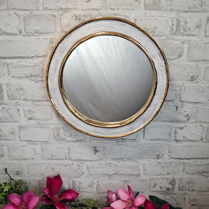 Runder Spiegel 35 cm Keramikrahmen weiß gold Wandspiegel Hexenauge dekorativ