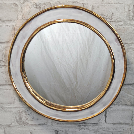 Runder Spiegel 35 cm Keramikrahmen weiß gold Wandspiegel Hexenauge dekorativ